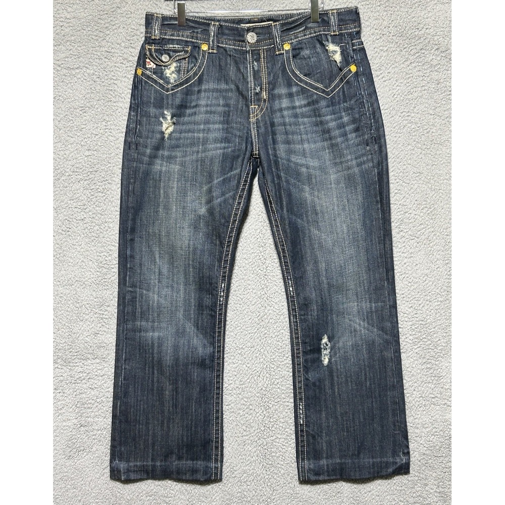 Mens Mek Denim OAXACA Bootcut Button Fly Whiskers Jeans 36x30 Western Distressed